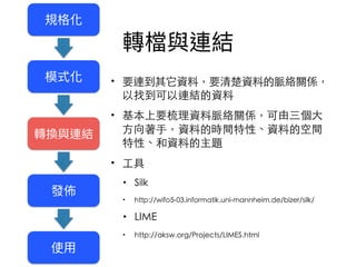 • 要連到其它資料，要清楚資料的脈絡關係，
以找到可以連結的資料
• 基本上要梳理資料脈絡關係，可由三個⼤
⽅向著⼿，資料的時間特性、資料的空間
特性、和資料的主題
• ⼯具
• Silk
• http://wifo5-03.informatik.uni-mannheim.de/bizer/silk/
• LIME
• http://aksw.org/Projects/LIMES.html
 