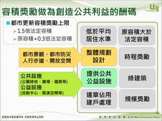 We Make Communities Reborn ！
容積獎勵做為創造公共利益的酬碼
10
都市更新容積獎勵上限
 1.5倍法定容積
 原容積+0.3倍法定容積
時程獎勵
提供公共
公益設施
低於平均
居住水準
整體規劃
設計
綠建築
規模獎勵
違章佔用
建戶處理
都市景觀、都市防災
人行步道、開放空間
公共設施
(公園綠地、廣場、道路等)
公益設施
(活動中心、展演空間等)
原容積大於
法定容積
 