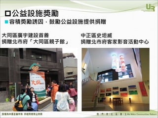 We Make Communities Reborn ！
容積獎勵誘因，鼓勵公益設施提供捐贈
大同區廣宇建設首善
捐贈北市府「大同區親子館」
公益設施獎勵
中正區史坦威
捐贈北市府客家影音活動中心
 