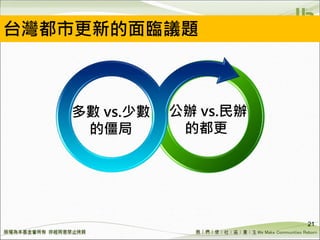 We Make Communities Reborn ！
21
台灣都市更新的面臨議題
公辦 vs.民辦
的都更
多數 vs.少數
的僵局
 