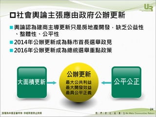 We Make Communities Reborn ！
輿論認為建商主導更新只是房地產開發，缺乏公益性
、整體性、公平性
2014年公辦更新成為縣市首長選舉政見
2016年公辦更新成為總統選舉重點政策
24
社會輿論主張應由政府公辦更新
最大公共利益
最大開發效益
最具公平正義
 