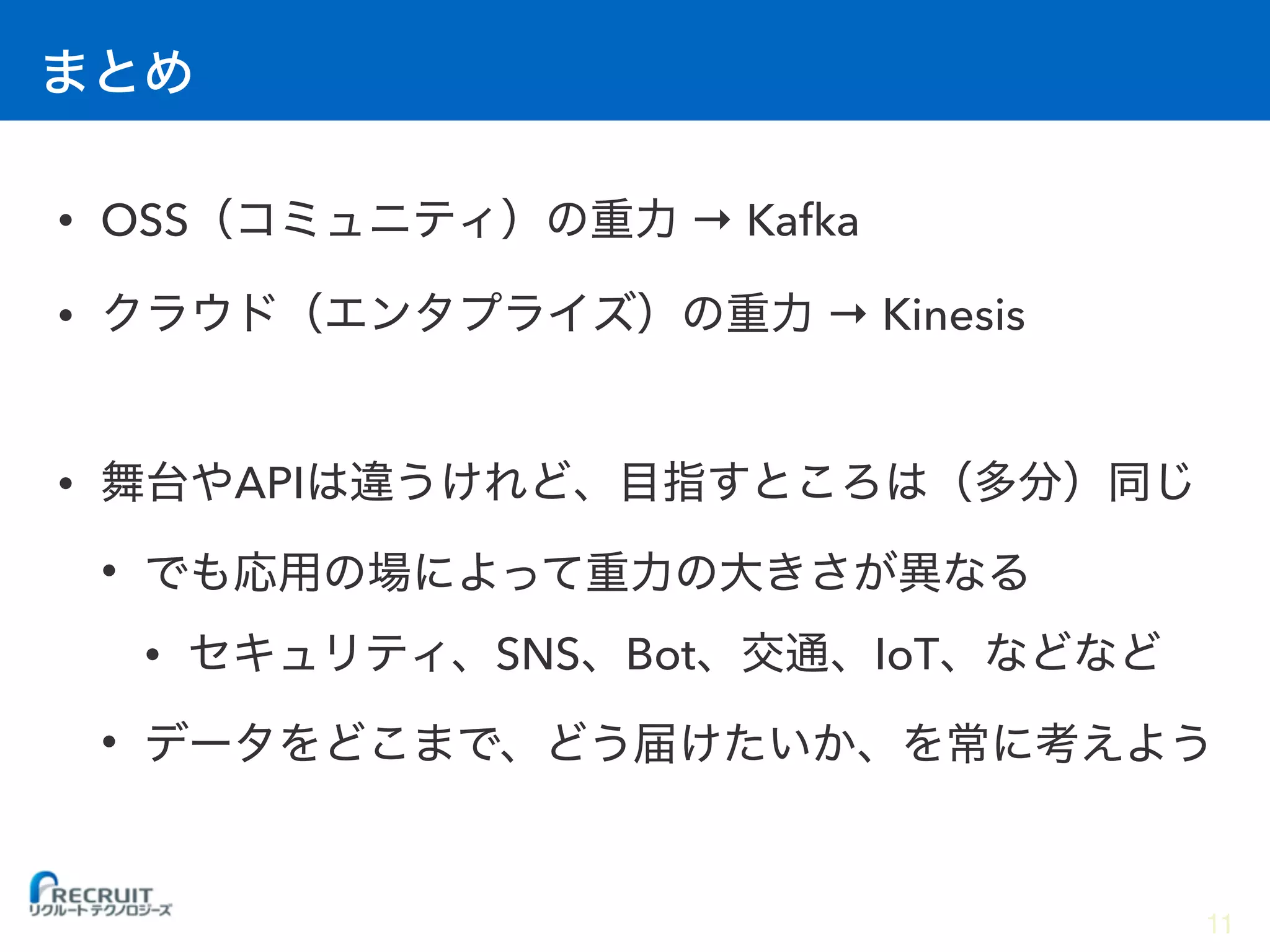 • OSS → Kafka
• → Kinesis
• API
•
• SNS Bot IoT
•
11