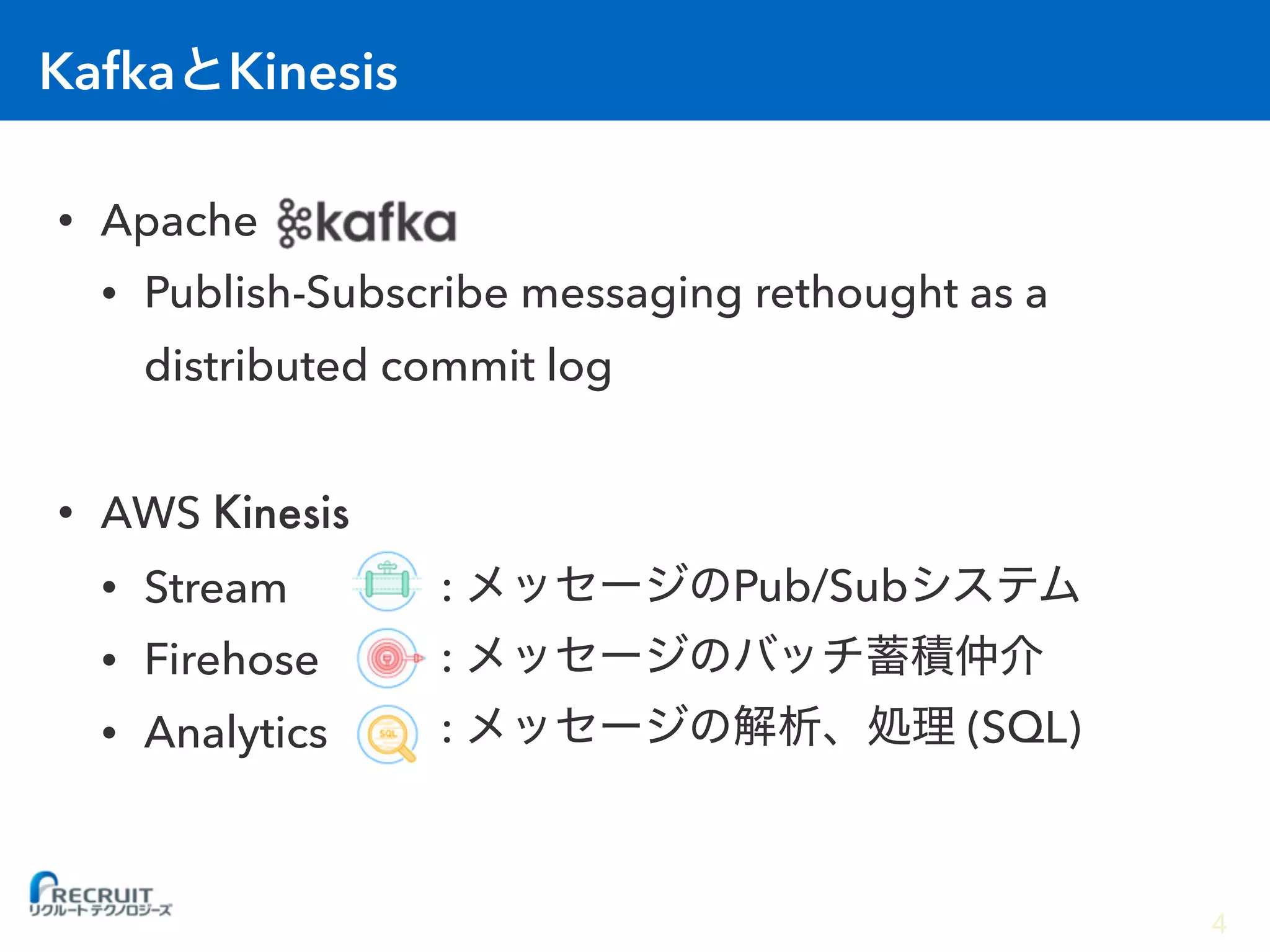 Kafka Kinesis
• Apache
• Publish-Subscribe messaging rethought as a
distributed commit log
• AWS Kinesis
• Stream
• Firehose
• Analytics
: Pub/Sub
:
: (SQL)
4