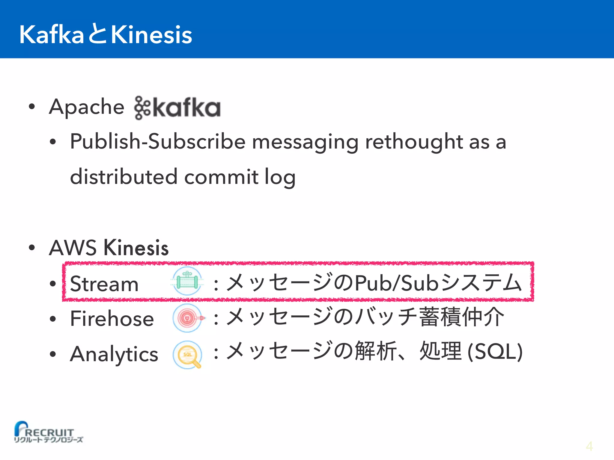 Kafka Kinesis
• Apache
• Publish-Subscribe messaging rethought as a
distributed commit log
• AWS Kinesis
• Stream
• Firehose
• Analytics
: Pub/Sub
:
: (SQL)
4