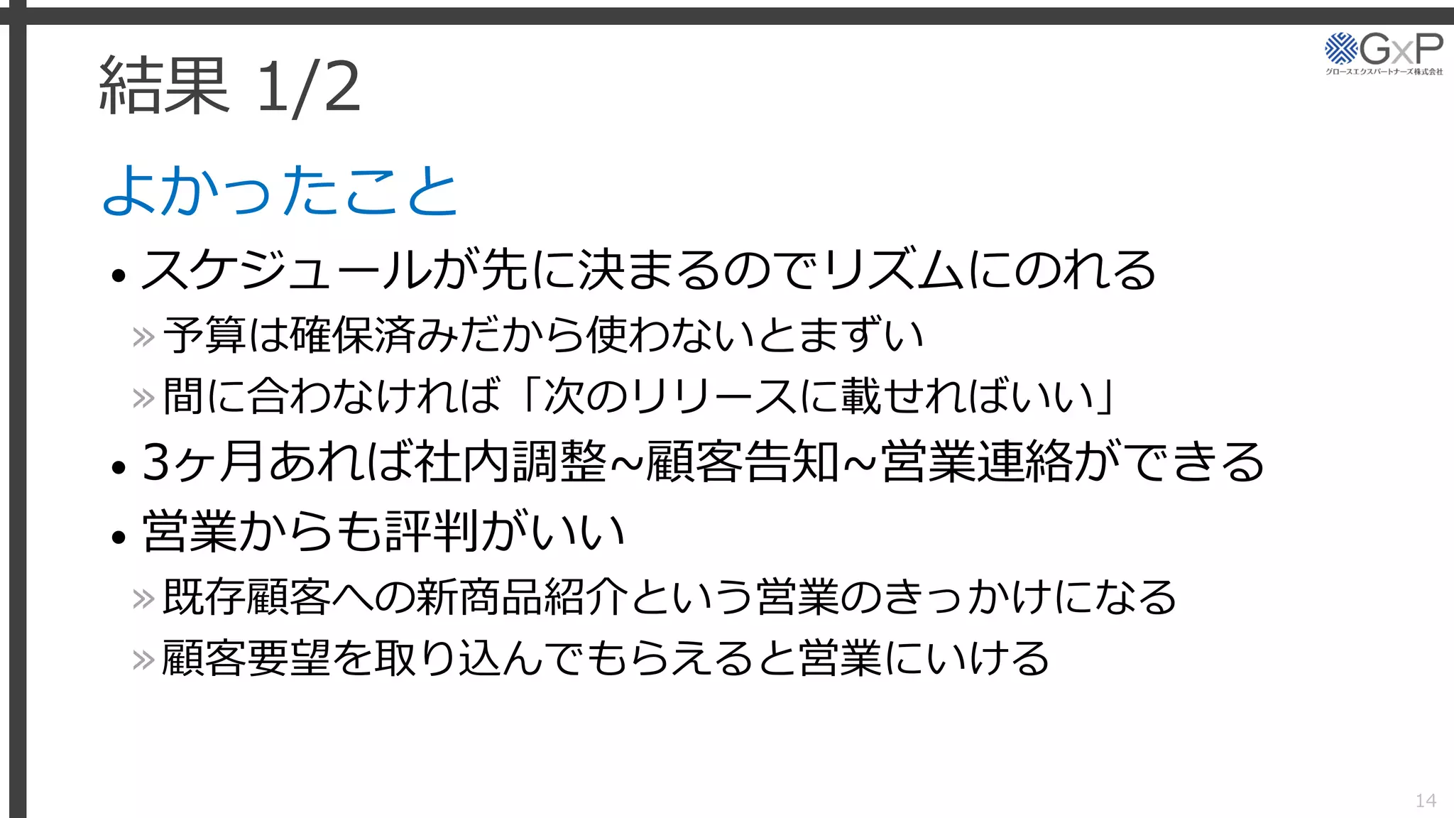 結果 1/2
よかったこと
• スケジュールが先に決まるのでリズムにのれる
»予算は確保済みだから使わないとまずい
»間に合わなければ「次のリリースに載せればいい」
• 3ヶ月あれば社内調整~顧客告知~営業連絡ができる
• 営業からも評判がいい
»既存顧客への新商品紹介という営業のきっかけになる
»顧客要望を取り込んでもらえると営業にいける
14
 