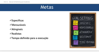 Metas
Específicas
Mensuráveis
Atingíveis
Realistas
Tempo definido para a execução
M M A – Manual de Marketing para Academias
 
