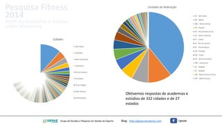 Grupo de Estudos e Pesquisa em Gestão do Esporte Blog: http://gepae.wordpress.com /gepae
Cidades
São Paulo
Salvador
Belo Horizonte
Campinas
Rio de Janeiro
Fortaleza
Porto Alegre
João Pessoa
Florianópolis
Unidade da federação
SP - São Paulo
BA - Bahia
MG - Minas Gerais
PR - Paraná
RS - Rio Grande do Sul
SC - Santa Catarina
CE - Ceará
RJ - Rio de Janeiro
PE - Pernambuco
PB - Paraíba
GO - Goiás
DF - Distrito Federal
AM - Amazonas
AL - Alagoas
SE - Sergipe
MS - Mato Grosso do Sul
MT - Mato Grosso
Obtivemos respostas de academias e
estúdios de 332 cidades e de 27
estados
 