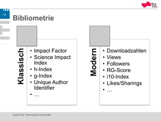 Bibliometrie
Institut für Technische Informatik
10
Klassisch
• Impact Factor
• Science Impact
Index
• h-Index
• g-Index
• Unique Author
Identifier
• … Modern
• Downloadzahlen
• Views
• Followers
• RG-Score
• i10-Index
• Likes/Sharings
• …
 