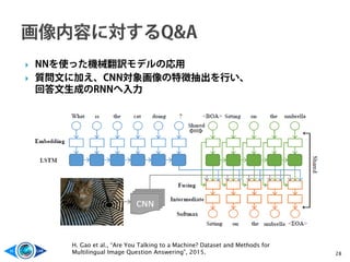  NNを使った機械翻訳モデルの応用
 質問文に加え、CNN対象画像の特徴抽出を行い、
回答文生成のRNNへ入力
28
H. Gao et al., “Are You Talking to a Machine? Dataset and Methods for
Multilingual Image Question Answering”, 2015.
 