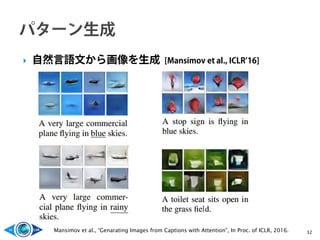  自然言語文から画像を生成 [Mansimov et al., ICLR’16]
32Mansimov et al., “Genarating Images from Captions with Attention”, In Proc. of ICLR, 2016.
 