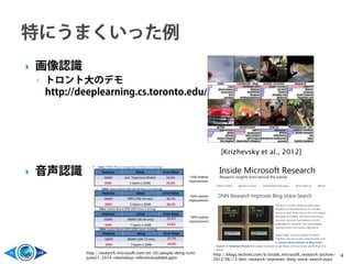  画像認識
◦ トロント大のデモ
http://deeplearning.cs.toronto.edu/
 音声認識
[Krizhevsky et al., 2012]
4
http://research.microsoft.com/en-US/people/deng/icml-
june21-2014-cleanedup-referencesadded.pptx
http://blogs.technet.com/b/inside_microsoft_research/archive/
2013/06/13/dnn-research-improves-bing-voice-search.aspx
 