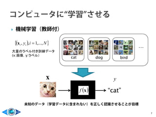  機械学習（教師付）
7
“cat”
( ){ }Niyii ,...,1,, =x
x y
未知のデータ（学習データに含まれない）を正しく認識させることが目標
大量のラベル付き訓練データ
(x:画像，y:ラベル）
…
cat dog bird
( )xf
 
