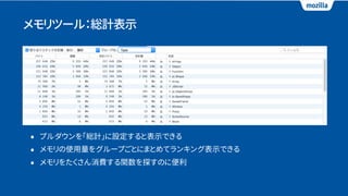メモリツール：総計表示
• プルダウンを「総計」に設定すると表示できる
• メモリの使用量をグループごとにまとめてランキング表示できる
• メモリをたくさん消費する関数を探すのに便利
 