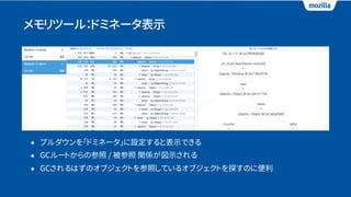 メモリツール：ドミネータ表示
• プルダウンを「ドミネータ」に設定すると表示できる
• GCルートからの参照 / 被参照 関係が図示される
• GCされるはずのオブジェクトを参照しているオブジェクトを探すのに便利
 