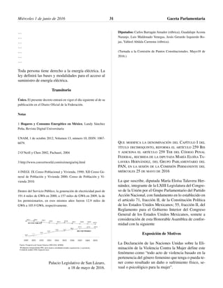 …
…
…
…
…
…
…
Toda persona tiene derecho a la energía eléctrica. La
ley definirá las bases y modalidades para el acceso al
suministro de energía eléctrica.
Transitorio
Único. El presente decreto entrará en vigor el día siguiente al de su
publicación en el Diario Oficial de la Federación.
Notas
1 Hogares y Consumo Energético en México, Landy Sánchez
Peña, Revista Digital Universitaria
UNAM, 1 de octubre 2012, Volumen 13, número 10, ISSN: 1067-
6079.
2 O’Neill y Chen 2002, Pachauri, 2004
3 http://www.convertworld.com/es/energia/mj.html
4 INEGI. IX Censo Poblacional y Vivienda, 1990; XII Censo Ge-
neral de Población y Vivienda 2000; Censo de Población y Vi-
vienda 2010.
Dentro del Servicio Público, la generación de electricidad pasó de
191.4 miles de GWh en 2000, a 157 miles de GWh en 2009, la de
los permisionarios, en esos mismos años fueron 12.9 miles de
GWh a 105.9 GWh, respectivamente.
Palacio Legislativo de San Lázaro,
a 18 de mayo de 2016.
Diputados: Carlos Barragán Amador (rúbrica), Guadalupe Acosta
Naranjo, Luis Maldonado Venegas, Jesús Gerardo Izquierdo Ro-
jas, Yahleel Abdala Carmona (rúbrica).
(Turnada a la Comisión de Puntos Constitucionales. Mayo18 de
2016.)
QUE MODIFICA LA DENOMINACIÓN DEL CAPÍTULO I DEL
TÍTULO DECIMOQUINTO, REFORMA EL ARTÍCULO 259 BIS
Y ADICIONA EL ARTÍCULO 259 TER DEL CÓDIGO PENAL
FEDERAL, RECIBIDA DE LA DIPUTADA MARÍA ELOÍSA TA-
LAVERA HERNÁNDEZ, DEL GRUPO PARLAMENTARIO DEL
PAN, EN LA SESIÓN DE LA COMISIÓN PERMANENTE DEL
MIÉRCOLES 25 DE MAYO DE 2016
La que suscribe, diputada María Eloísa Talavera Her-
nández, integrante de la LXIII Legislatura del Congre-
so de la Unión por el Grupo Parlamentario del Partido
Acción Nacional, con fundamento en lo establecido en
el artículo 71, fracción II, de la Constitución Política
de los Estados Unidos Mexicanos; 55, fracción II, del
Reglamento para el Gobierno Interior del Congreso
General de los Estados Unidos Mexicanos, somete a
consideración de esta Honorable Asamblea de confor-
midad con la siguiente
Exposición de Motivos
La Declaración de las Naciones Unidas sobre la Eli-
minación de la Violencia Contra la Mujer define este
fenómeno como “todo acto de violencia basado en la
pertenencia del género femenino que tenga o pueda te-
ner como resultado un daño o sufrimiento físico, se-
xual o psicológico para la mujer”.
Miércoles 1 de junio de 2016 Gaceta Parlamentaria31
 