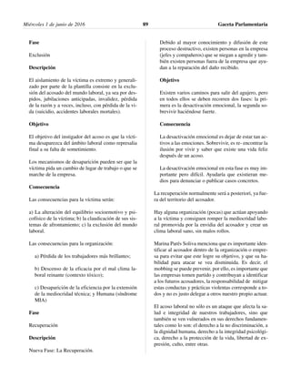 Fase
Exclusión
Descripción
El aislamiento de la víctima es extremo y generali-
zado por parte de la plantilla consiste en la exclu-
sión del acosado del mundo laboral, ya sea por des-
pidos, jubilaciones anticipadas, invalidez, pérdida
de la razón y a veces, incluso, con pérdida de la vi-
da (suicidio, accidentes laborales mortales).
Objetivo
El objetivo del instigador del acoso es que la vícti-
ma desaparezca del ámbito laboral como represalia
final a su falta de sometimiento.
Los mecanismos de desaparición pueden ser que la
víctima pida un cambio de lugar de trabajo o que se
marche de la empresa.
Consecuencia
Las consecuencias para la víctima serán:
a) La alteración del equilibrio socioemotivo y psi-
cofísico de la víctima; b) la claudicación de sus sis-
temas de afrontamiento; c) la exclusión del mundo
laboral.
Las consecuencias para la organización:
a) Pérdida de los trabajadores más brillantes;
b) Descenso de la eficacia por el mal clima la-
boral reinante (contexto tóxico);
c) Desaparición de la eficiencia por la extensión
de la mediocridad técnica; y Humana (síndrome
MIA)
Fase
Recuperación
Descripción
Nueva Fase: La Recuperación.
Debido al mayor conocimiento y difusión de este
proceso destructivo, existen personas en la empresa
(jefes y compañeros) que se niegan a agredir y tam-
bién existen personas fuera de la empresa que ayu-
dan a la reparación del daño recibido.
Objetivo
Existen varios caminos para salir del agujero, pero
en todos ellos se deben recorren dos fases: la pri-
mera es la desactivación emocional, la segunda so-
brevivir haciéndose fuerte.
Consecuencia
La desactivación emocional es dejar de estar tan ac-
tivos a las emociones. Sobrevivir, es re- encontrar la
ilusión por vivir y saber que existe una vida feliz
después de un acoso.
La desactivación emocional en esta fase es muy im-
portante pero difícil. Ayudaría que existieran me-
dios para denunciar o publicar casos concretos.
La recuperación normalmente será a posteriori, ya fue-
ra del territorio del acosador.
Hay alguna organización (pocas) que actúan apoyando
a la víctima y consiguen romper la mediocridad labo-
ral promovida por la envidia del acosador y crear un
clima laboral sano, sin malos rollos.
Marina Parés Soliva menciona que es importante iden-
tificar al acosador dentro de la organización o empre-
sa para evitar que este logre su objetivo, y que su ha-
bilidad para atacar se vea disminuida. Es decir, el
mobbing se puede prevenir, por ello, es importante que
las empresas tomen partido y contribuyan a identificar
a los futuros acosadores, la responsabilidad de mitigar
estas conductas y prácticas violentas corresponde a to-
dos y no es justo delegar a otros nuestro propio actuar.
El acoso laboral no sólo es un ataque que afecta la sa-
lud e integridad de nuestros trabajadores, sino que
también se ven vulnerados en sus derechos fundamen-
tales como lo son: el derecho a la no discriminación, a
la dignidad humana, derecho a la integridad psicológi-
ca, derecho a la protección de la vida, libertad de ex-
presión, culto, entre otras.
Miércoles 1 de junio de 2016 Gaceta Parlamentaria89
 
