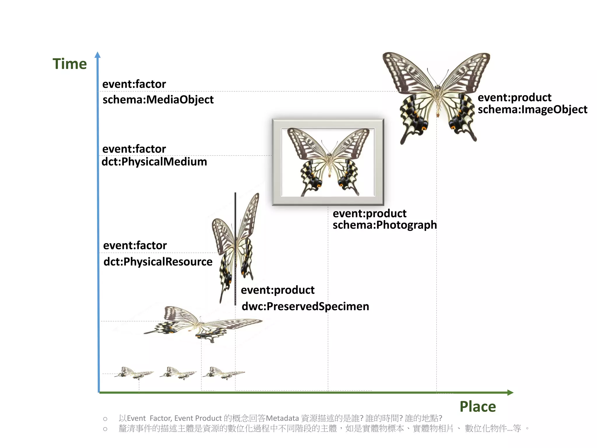 Place
Time
dct:PhysicalResource
event:factor
event:product
dwc:PreservedSpecimen
event:factor
event:product
schema:Photograph
event:factor
schema:MediaObject event:product
dct:PhysicalMedium
schema:ImageObject
o 以Event Factor, Event Product 的概念回答Metadata 資源描述的是誰? 誰的時間? 誰的地點?
o 釐清事件的描述主體是資源的數位化過程中不同階段的主體，如是實體物標本、實體物相片、 數位化物件…等 。
 