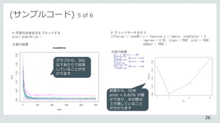 # 学習の収束状況をプロットする
plot( modelDrive )
※実行結果
グラフから、300
以下あたりで収束
していることが分
かります
# グリッドサーチを行う
rfTuning <- tuneRF( x = features,y = labels, stepFactor = 2,
improve = 0.05, trace = TRUE, plot = TRUE,
doBest = TRUE )
※実行結果
結果から、OOB
error = 0.82% が最
少であり、木の数は
３が適していること
が分かります
(サンプルコード) 5 of 6
26
 