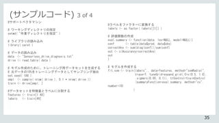 (サンプルコード) 3 of 4
#サポートベクタマシン
# ワーキングディレクトリの指定
setwd( "作業ディレクトリを指定" )
# ライブラリの読み込み
library( caret )
# データの読み込み
data <- "Sensorless_drive_diagnosis.txt"
drive <- read.table( data )
# モデル作成のために、トレーニング用データセットを生成する
# 元データの10%をトレーニングデータとしてサンプリング抽出
set.seed( 100 )
smpl <- sample( nrow( drive ), 0.1 * nrow( drive ))
train <- drive[smpl, ]
#データセットを特徴量とラベルに分割する
features <- train[1:48]
labels <- train[49]
#ラベルをファクターに変換する
labels <- as.factor( labels[[1]] )
# 評価関数の作成
eval.summary <- function(data, lev=NULL, model=NULL){
conf <- table(data$pred, data$obs)
correctAns <- sum(diag(conf))/sum(conf)
out <- c(Accurancy=correctAns)
out
}
# モデルを作成する
fit.svm <- train(labels~., data=features, method="svmRadial",
trace=T, tuneGrid=expand.grid(.C=c(0.5, 1.0),
.sigma=c(0.05, 0.1)), trControl=trainControl
(summaryFunction=eval.summary, method="cv",
number=10)
)
35
 