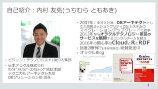 自己紹介：内村 友亮(うちむら ともあき)
• ビジョン：テクノロジスト1000人集団
• 日本オラクル株式会社
ｸﾗｳﾄﾞﾃｸﾉﾛｼﾞｰｺﾝｻﾙﾃｨﾝｸﾞ統括本部
テクニカルアーキテクト本部
DBソリューション部 部長
• 2007年に中途入社後、DBアーキテクトとし
て大規模ミッションクリティカルシステムの
マイグレーション/アップグレードに従事
2013年からオラクルテクノロジー製品の
サービスを展開するコンサルチームを担当
2016年の関心事はCloudとRとRDF
• 拙著2冊刊行(技術評論社) 絶賛発売中
• オラクルBlog
– http://qiita.com/uchim
5
 