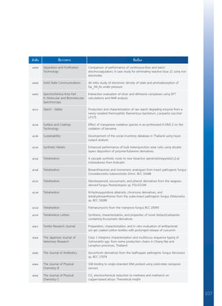 107
ลำ�ดับ ชื่อวารสาร ชื่อเรื่อง
๓๙๗ Separation and Purification
Technology
Comparison of performance of continuous-flow and batch
electrocoagulators: A case study for eliminating reactive blue 21 using iron
electrodes
๓๙๘ Solid State Communications Ab initio study of electronic density of state and photoabsorption of
Ga1-x
Mnx
As under pressure
๓๙๙ Spectrochimica Acta Part
A: Molecular and Biomolecular
Spectroscopy
Interaction evaluation of silver and dithizone complexes using DFT
calculations and NMR analysis
๔๐๐ Starch - Stärke Production and characterization of raw starch degrading enzyme from a
newly isolated thermophilic filamentous bacterium, Laceyella sacchari
LP175
๔๐๑ Surface and Coatings
Technology
Effect of manganese oxidative species in as-synthesized K-OMS 2 on the
oxidation of benzene
๔๐๒ Sustainability Development of the social inventory database in Thailand using input-
output analysis
๔๐๓ Synthetic Metals Enhanced performance of bulk heterojunction solar cells using double
layers deposition of polymer:fullerene derivatives
๔๐๔ Tetrahedron A cascade synthetic route to new bioactive spiroindolinepyrido[1,2-a]
indolediones from Indirubin
๔๐๕ Tetrahedron Bioxanthracenes and monomeric analogues from insect pathogenic fungus
Conoideocrella luteorostrata Zimm. BCC 31648
๔๐๖ Tetrahedron Meroterpenoid, isocoumarin, and phenol derivatives from the seagrass-
derived fungus Pestalotiopsis sp. PSU-ES194
๔๐๗ Tetrahedron N-Hydroxypyridone alkaloids, chromone derivatives, and
tetrahydroxanthones from the scale-insect pathogenic fungus Orbiocrella
sp. BCC 33248
๔๐๘ Tetrahedron Palmarumycins from the mangrove fungus BCC 25093
๔๐๙ Tetrahedron Letters Synthesis, characterization, and properties of novel bis(aryl)carbazole-
containing N-coumarin derivatives
๔๑๐ Textile Research Journal Preparation, characterization, and in vitro evaluation of antibacterial
sol–gel coated cotton textiles with prolonged release of curcumin
๔๑๑ The Japanese Journal of
Veterinary Research
Class 1 integrons characterization and multilocus sequence typing of
Salmonella spp. from swine production chains in Chiang Mai and
Lamphun provinces, Thailand
๔๑๒ The Journal of Antibiotics Ascochlorin derivatives from the leafhopper pathogenic fungus Microcera
sp. BCC 17074
๔๑๓ The Journal of Physical
Chemistry B
SSB binding to single-stranded DNA probed using solid-state nanopore
sensors
๔๑๔ The Journal of Physical
Chemistry C
CO2
electrochemical reduction to methane and methanol on
copper-based alloys: Theoretical insight
 