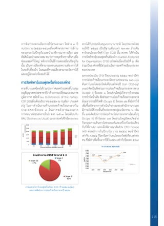 115
การพิจารณาทางเลือกการใช้งานเตาเผา ในช่วง ๓ ปี
งบประมาณ (๒๕๕๙-๒๕๖๑) โดยศึกษาสภาพการใช้งาน
ของเตาเผาในปัจจุบัน และน�ำมาพิจารณาทางเลือก และ
ตัดสินใจอย่างเหมาะสมพบว่าการหยุดชั่วคราวสั้นๆเพื่อ
ซ่อมแซมครั้งใหญ่ หลังจากนั้นใช้งานต่อเหมือนปัจจุบัน
นั้น เป็นทางเลือกที่สามารถตอบสนองความต้องการได้
ในระดับที่พอใจ ในขณะที่ความเสี่ยงสามารถจัดการได้
และอยู่ในระดับที่ยอมรับได้
การจัดทำ�คาร์บอนฟุตพริ้นท์ขององค์กร
ตามที่ประเทศไทยได้ร่วมประกาศเจตจ�ำนงต่อที่ประชุม
อนุสัญญาสหประชาชาติว่าด้วยการเปลี่ยนแปลงสภาพ
ภูมิอากาศ สมัยที่ ๒๐ (Conference of the Parties:
COP 20) เมื่อเดือนธันวาคม ๒๕๕๗ ณ กรุงลิมา ประเทศ
เปรู ในการด�ำเนินงานด้านการลดก๊าซเรือนกระจกใน
ประเทศลงร้อยละ ๗ ในภาคพลังงานและภาค
การคมนาคมขนส่งภายในปี พ.ศ. ๒๕๖๓ โดยเทียบกับ
BAU (Business as Usual) และอาจลดได้ถึงร้อยละ ๒๐
หากได้รับการสนับสนุนจากนานาชาติ โดยประเทศไทย
จะใช้ปี ๒๕๔๘ เป็นปีฐานเทียบเท่า ๒๓-๗๓ ล้านตัน
คาร์บอนไดออกไซด์ (Ton CO2) นั้น สวทช. ได้ด�ำเนิน
การจัดท�ำคาร์บอนฟุตพริ้นท์องค์กร(CarbonFootprint
for Organization: CFO) อย่างต่อเนื่องเป็นปีที่ ๖ เพื่อ
ร่วมเป็นองค์กรที่มีส่วนร่วมในการลดก๊าซเรือนกระจก
ของประเทศ
ผลการประเมิน CFO ปีงบประมาณ ๒๕๕๘ พบว่ามีค่า
การปล่อยก๊าซเรือนกระจกโดยรวมประมาณ ๒๕,๐๐๐
ตันคาร์บอนไดออกไซด์เทียบเท่าต่อปี (ton CO2-eq/
year) คิดเป็นสัดส่วนการปล่อยก๊าซเรือนกระจกทางตรง
(Scope I) ร้อยละ ๑ โดยส่วนใหญ่เกิดจากกิจกรรม
การบ�ำบัดน�้ำเสีย สัดส่วนการปล่อยก๊าซเรือนกระจกทาง
อ้อมจากการใช้ไฟฟ้า (Scope II) ร้อยละ ๘๒ ซึ่งมีการใช้
เพิ่มขึ้นเกิดจากการด�ำเนินกิจกรรมของส�ำนักงานฯ และ
มีการเปิดใช้งานพื้นที่ของอาคารกลุ่มนวัตกรรม ๒ เพิ่ม
ขึ้น และสัดส่วนการปล่อยก๊าซเรือนกระจกทางอ้อมอื่นๆ
(Scope III) อีกร้อยละ ๑๗ โดยส่วนใหญ่ยังคงเกิดจาก
กิจกรรมการเดินทางโดยรถยนต์และเครื่องบินเช่นเดียว
กับปีที่ผ่านมา และเมื่อพิจารณาสัดส่วน CFO (Scope
I+II) ต่อพนักงานในปีงบประมาณ ๒๕๕๘ พบว่ามีค่า
เท่ากับ ๗,๗๔๔ กิโลกรัมคาร์บอนไดออกไซด์เทียบเท่าต่อ
คน ซึ่งมีค่าเพิ่มขึ้นจากปีที่ ๒๕๕๗ เท่ากับร้อยละ ๕.๖๙
ภาพแสดงค่าคาร์บอนฟุตพริ้นท์ของ สวทช. (ปี ๒๕๕๓-๒๕๕๘)
และภาพสัดส่วนการปล่อยก๊าซเรือนกระจกปี ๒๕๕๘
 