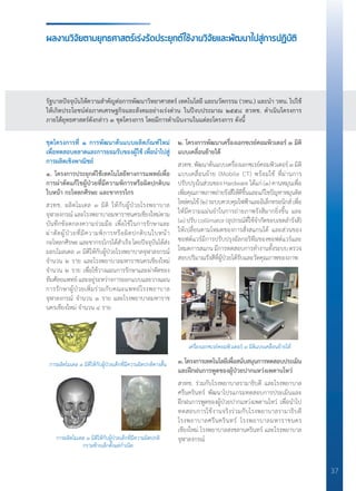 37
ผลงานวิจัยตามยุทธศาสตร์เร่งรัดประยุกต์ใช้งานวิจัยและพัฒนาไปสู่การปฏิบัติ
ชุดโครงการที่ ๑ การพัฒนาต้นแบบผลิตภัณฑ์ใหม่	
เพื่อทดสอบตลาดและการยอมรับของผู้ใช้ เพื่อน�ำไปสู่	
การผลิตเชิงพาณิชย์
๑. โครงการประยุกต์ใช้เทคโนโลยีทางการแพทย์เพื่อ
การผ่าตัดแก้ไขผู้ป่วยที่มีความพิการหรือผิดปกติบน
ใบหน้า กะโหลกศีรษะ และขากรรไกร
สวทช. ผลิตโมเดล ๓ มิติ ให้กับผู้ป่วยโรงพยาบาล
จุฬาลงกรณ์ และโรงพยาบาลมหาราชนครเชียงใหม่ตาม
บันทึกข้อตกลงความร่วมมือ เพื่อใช้ในการรักษาและ
ผ่าตัดผู้ป่วยที่มีความพิการหรือผิดปกติบนใบหน้า
กะโหลกศีรษะ และขากรรไกรได้ส�ำเร็จ โดยปัจจุบันได้ส่ง
มอบโมลเดล ๓ มิติให้กับผู้ป่วยโรงพยาบาลจุฬาลงกรณ์
จ�ำนวน ๒ ราย และโรงพยาบาลมหาราชนครเชียงใหม่
จ�ำนวน ๒ ราย เพื่อใช้วางแผนการรักษาและผ่าตัดของ
ทีมศัลยแพทย์ และอยู่ระหว่างการออกแบบและวางแผน
การรักษาผู้ป่วยเพิ่มร่วมกับคณะแพทย์โรงพยาบาล
จุฬาลงกรณ์ จํานวน ๑ ราย และโรงพยาบาลมหาราช
นครเชียงใหม่ จํานวน ๔ ราย
๒. โครงการพัฒนาเครื่องเอกซเรย์คอมพิวเตอร์ ๓ มิติ
แบบเคลื่อนย้ายได้
สวทช. พัฒนาต้นแบบเครื่องเอกซเรย์คอมพิวเตอร์ ๓ มิติ
แบบเคลื่อนย้าย (Mobile CT) พร้อมใช้ ที่ผ่านการ
ปรับปรุงในส่วนของ Hardware ได้แก่ (๑) คานหมุนเพื่อ
เพิ่มคุณภาพภาพถ่ายรังสีให้ดีขึ้นและแก้ไขปัญหาหมุนติด
ไหล่คนไข้(๒)ระบบควบคุมไฟฟ้าและอิเล็กทรอนิกส์เพื่อ
ให้มีความแม่นย�ำในการถ่ายภาพรังสีมากยิ่งขึ้น และ
(๓) ปรับ collimator (อุปกรณ์ที่ใช้จ�ำกัดขอบเขตล�ำรังสี)
ให้เปลี่ยนตามโหมดของการสั่งสแกนได้ และส่วนของ
ซอฟต์แวร์มีการปรับปรุงอัลกอริทึมของซอฟต์แวร์และ
โหมดการสแกน มีการทดสอบการท�ำงานทั้งระบบ ตรวจ
สอบปริมาณรังสีที่ผู้ป่วยได้รับและวัดคุณภาพของภาพ
๓.โครงการเทคโนโลยีเพื่อสนับสนุนการทดสอบประเมิน	
และฝึกฝนการพูดของผู้ป่วยปากแหว่งเพดานโหว่
สวทช. ร่วมกับโรงพยาบาลรามาธิบดี และโรงพยาบาล
ศรีนครินทร์ พัฒนาโปรแกรมทดสอบการประเมินและ
ฝึกฝนการพูดของผู้ป่วยปากแหว่งเพดานโหว่ เพื่อน�ำไป
ทดสอบการใช้งานจริงร่วมกับโรงพยาบาลรามาธิบดี
โรงพยาบาลศรีนครินทร์ โรงพยาบาลมหาราชนคร
เชียงใหม่ โรงพยาบาลสงขลานครินทร์ และโรงพยาบาล
จุฬาลงกรณ์
รัฐบาลปัจจุบันให้ความส�ำคัญต่อการพัฒนาวิทยาศาสตร์ เทคโนโลยี และนวัตกรรม (วทน.) และน�ำ วทน. ไปใช้	
ให้เกิดประโยชน์ต่อภาคเศรษฐกิจและสังคมอย่างเร่งด่วน ในปีงบประมาณ ๒๕๕๘ สวทช. ด�ำเนินโครงการ	
ภายใต้ยุทธศาสตร์ดังกล่าว ๓ ชุดโครงการ โดยมีการด�ำเนินงานในแต่ละโครงการ ดังนี้
การผลิตโมเดล ๓ มิติให้กับผู้ป่วยเด็กที่มีความผิดปกติคางสั้น
การผลิตโมเดล ๓ มิติให้กับผู้ป่วยเด็กที่มีความผิดปกติ
กรามซ้ายเล็กตั้งแต่ก�ำเนิด
เครื่องเอกซเรย์คอมพิวเตอร์ ๓ มิติแบบเคลื่อนย้ายได้
 