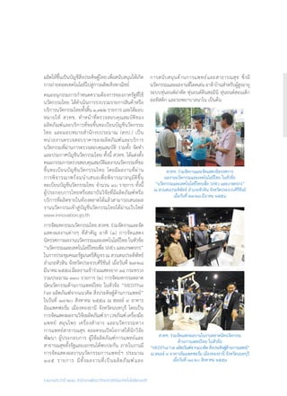 รายงานประจำ�ปี ๒๕๕๘ สำ�นักงานพัฒนาวิทยาศาสตร์และเทคโนโลยีแห่งชาติ
ผลิตให้ขึ้นเป็นบัญชีสิ่งประดิษฐ์ไทย เพื่อสนับสนุนให้เกิด
การถ่ายทอดเทคโนโลยีไปสู่การผลิตเชิงพาณิชย์
คณะอนุกรรมการก�ำหนดความต้องการของภาครัฐที่ใช้
นวัตกรรมไทย ได้ด�ำเนินการรวบรวมรายการสินค้าหรือ
บริการนวัตกรรมไทยทั้งสิ้น ๑,๓๒๒ รายการ และได้มอบ
หมายให้ สวทช. ท�ำหน้าที่ตรวจสอบคุณสมบัติของ
ผลิตภัณฑ์และบริการที่ขอขึ้นทะเบียนบัญชีนวัตกรรม
ไทย และมอบหมายส�ำนักงบประมาณ (สงป.) เป็น
หน่วยงานตรวจสอบราคาของผลิตภัณฑ์และบริการ
นวัตกรรมที่ผ่านการตรวจสอบคุณสมบัติ รวมทั้ง จัดท�ำ
และประกาศบัญชีนวัตกรรมไทย ทั้งนี้ สวทช. ได้แต่งตั้ง
คณะกรรมการตรวจสอบคุณสมบัติผลงานนวัตกรรมที่ขอ
ขึ้นทะเบียนบัญชีนวัตกรรมไทย โดยมีผลงานที่ผ่าน
การพิจารณาพร้อมน�ำเสนอเพื่อพิจารณาอนุมัติขึ้น
ทะเบียนบัญชีนวัตกรรมไทย จ�ำนวน ๑๖ รายการ ทั้งนี้
ผู้ประกอบการไทยหรือสถาบันวิจัยที่มีผลิตภัณฑ์หรือ
บริการที่ผลิตขายในท้องตลาดได้แล้วสามารถเสนอผล
งานนวัตกรรมเข้าสู่บัญชีนวัตกรรมไทยได้ผ่านเว็บไซต์
www.innovation.go.th
การจัดมหกรรมนวัตกรรมไทย สวทช. ร่วมจัดงานและจัด
แสดงผลงานต่างๆ ที่ส�ำคัญ อาทิ (๑) การจัดแสดง
นิทรรศการผลงานนวัตกรรมและเทคโนโลยีไทยในหัวข้อ
“นวัตกรรมและเทคโนโลยีไทยเพื่อSMEsและเกษตรกร”
ในการประชุมคณะรัฐมนตรีสัญจร ณ สวนสนประดิพัทธ์
อ�ำเภอหัวหิน จังหวัดประจวบคีรีขันธ์ เมื่อวันที่ ๒๗-๒๘
มีนาคม ๒๕๕๘ มีผลงานเข้าร่วมแสดงจาก ๑๔ กระทรวง
รวมประมาณ ๓๓๐ รายการ (๒) การจัดมหกรรมตลาด
นัดนวัตกรรมด้านการแพทย์ไทย ในหัวข้อ “MEDiThai
Fair ผลิตภัณฑ์จากแนวคิด สิ่งประดิษฐ์ด้านการแพทย์”
ในวันที่ ๑๘-๒๐ สิงหาคม ๒๕๕๘ ณ ฮอลล์ ๙ อาคาร
อิมแพคฟอรั่ม เมืองทองธานี จังหวัดนนทบุรี โดยเป็น
การจัดแสดงผลงานวิจัยผลิตภัณฑ์ยาเวชภัณฑ์เครื่องมือ
แพทย์ สมุนไพร เครื่องส�ำอาง และนวัตกรรมทาง
การแพทย์สาธารณสุข ตลอดจนเปิดโอกาสให้นักวิจัย
พัฒนา ผู้ประกอบการ ผู้ใช้ผลิตภัณฑ์การแพทย์และ
สาธารณสุขทั้งรัฐและเอกชนได้พบปะกัน ภายในงานมี
การจัดแสดงผลงานนวัตกรรมการแพทย์ฯ ประมาณ
๑๙๕ รายการ มีทั้งผลงานที่เป็นผลิตภัณฑ์และ
การสนับสนุนด้านการแพทย์และสาธารณสุข ซึ่งมี
นวัตกรรมและผลงานที่โดดเด่นอาทิบ้านส�ำหรับผู้สูงอายุ
ระบบหุ่นยนต์ผ่าตัด หุ่นยนต์ดินสอมินิ หุ่นยนต์สอนเด็ก
ออทิสติก และรถพยาบาลนาโน เป็นต้น
สวทช. ร่วมจัดแสดงผลงานในงานตลาดนัดนวัตกรรม
ด้านการแพทย์ไทย ในหัวข้อ
“MEDiThai Fair ผลิตภัณฑ์จากแนวคิด สิ่งประดิษฐ์ด้านการแพทย์”
ณ ฮอลล์ ๙ อาคารอิมแพคฟอรั่ม เมืองทองธานี จังหวัดนนทบุรี
เมื่อวันที่ ๑๘-๒๐ สิงหาคม ๒๕๕๘
สวทช. ร่วมจัดงานและจัดแสดงนิทรรศการ
ผลงานนวัตกรรมและเทคโนโลยีไทย ในหัวข้อ
“นวัตกรรมและเทคโนโลยีไทยเพื่อ SMEs และเกษตรกร”
ณ สวนสนประดิพัทธ์ อ�ำเภอหัวหิน จังหวัดประจวบคีรีขันธ์
เมื่อวันที่ ๒๗-๒๘ มีนาคม ๒๕๕๘
 
