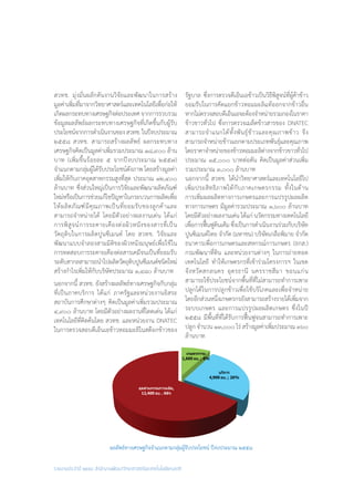 รายงานประจำ�ปี ๒๕๕๘ สำ�นักงานพัฒนาวิทยาศาสตร์และเทคโนโลยีแห่งชาติ
สวทช. มุ่งมั่นผลักดันงานวิจัยและพัฒนาในการสร้าง
มูลค่าเพิ่มที่มาจากวิทยาศาสตร์และเทคโนโลยีเพื่อก่อให้
เกิดผลกระทบทางเศรษฐกิจต่อประเทศจากการรวบรวม
ข้อมูลผลลัพธ์ผลกระทบทางเศรษฐกิจที่เกิดขึ้นกับผู้รับ
ประโยชน์จากการด�ำเนินงานของสวทช.ในปีงบประมาณ
๒๕๕๘ สวทช. สามารถสร้างผลลัพธ์ ผลกระทบทาง
เศรษฐกิจคิดเป็นมูลค่าเพิ่มรวมประมาณ ๑๘,๙๐๐ ล้าน
บาท (เพิ่มขึ้นร้อยละ ๕ จากปีงบประมาณ ๒๕๕๗)
จ�ำแนกตามกลุ่มผู้ได้รับประโยชน์ดังภาพ โดยสร้างมูลค่า
เพิ่มให้กับภาคอุตสาหกรรมสูงที่สุด ประมาณ ๑๒,๔๐๐
ล้านบาท ซึ่งส่วนใหญ่เป็นการวิจัยและพัฒนาผลิตภัณฑ์
ใหม่หรือเป็นการช่วยแก้ไขปัญหาในกระบวนการผลิตเพื่อ
ให้ผลิตภัณฑ์มีคุณภาพเป็นที่ยอมรับของลูกค้าและ
สามารถจ�ำหน่ายได้ โดยมีตัวอย่างผลงานเด่น ได้แก่
การพิสูจน์การระคายเคืองต่อผิวหนังของสารที่เป็น
วัตถุดิบในการผลิตปูนซีเมนต์ โดย สวทช. วิจัยและ
พัฒนาแบบจ�ำลองสามมิติของผิวหนังมนุษย์เพื่อใช้ใน
การทดสอบการระคายเคืองต่อสารเคมีจนเป็นที่ยอมรับ
ระดับสากลสามารถน�ำไปผลิตวัตถุดิบปูนซีเมนต์ชนิดใหม่
สร้างก�ำไรเพิ่มให้กับบริษัทประมาณ ๑,๔๘๐ ล้านบาท
นอกจากนี้ สวทช. ยังสร้างผลลัพธ์ทางเศรษฐกิจกับกลุ่ม
ที่เป็นภาคบริการ ได้แก่ ภาครัฐและหน่วยงานอิสระ
สถาบันการศึกษาต่างๆ คิดเป็นมูลค่าเพิ่มรวมประมาณ
๔,๙๐๐ ล้านบาท โดยมีตัวอย่างผลงานที่โดดเด่น ได้แก่
เทคโนโลยีที่คิดค้นโดย สวทช. และหน่วยงาน DNATEC
ในการตรวจสอบดีเอ็นเอข้าวหอมมะลิในสต๊อกข้าวของ
รัฐบาล ซึ่งการตรวจดีเอ็นเอข้าวเป็นวิธีพิสูจน์ที่ผู้ค้าข้าว
ยอมรับในการคัดแยกข้าวหอมมะลิแท้ออกจากข้าวอื่น
หากไม่ตรวจสอบดีเอ็นเอจะต้องจ�ำหน่ายรวมกองในราคา
ข้าวขาวทั่วไป ซึ่งการตรวจเมล็ดข้าวสารของ DNATEC
สามารถจ�ำแนกได้ทั้งพันธุ์ข้าวและคุณภาพข้าว จึง
สามารถจ�ำหน่ายข้าวแยกตามประเภทพันธุ์และคุณภาพ
โดยราคาจ�ำหน่ายของข้าวหอมมะลิต่างจากข้าวขาวทั่วไป
ประมาณ ๑๕,๐๐๐ บาทต่อตัน คิดเป็นมูลค่าส่วนเพิ่ม
รวมประมาณ ๓,๐๐๐ ล้านบาท
นอกจากนี้ สวทช. ได้น�ำวิทยาศาสตร์และเทคโนโลยีไป
เพิ่มประสิทธิภาพให้กับภาคเกษตรกรรม ทั้งในด้าน
การเพิ่มผลผลิตทางการเกษตรและการแปรรูปผลผลิต
ทางการเกษตร มีมูลค่ารวมประมาณ ๑,๖๐๐ ล้านบาท
โดยมีตัวอย่างผลงานเด่น ได้แก่ นวัตกรรมทางเทคโนโลยี
เพื่อการฟื้นฟูดินเค็ม ซึ่งเป็นการด�ำเนินงานร่วมกับบริษัท
ปูนซิเมนต์ไทย จ�ำกัด (มหาชน) บริษัทเกลือพิมาย จ�ำกัด
ธนาคารเพื่อการเกษตรและสหกรณ์การเกษตร (ธกส.)
กรมพัฒนาที่ดิน และหน่วยงานต่างๆ ในการถ่ายทอด
เทคโนโลยี ท�ำให้เกษตรกรที่เข้าร่วมโครงการฯ ในเขต
จังหวัดสกลนคร อุดรธานี นครราชสีมา ขอนแก่น
สามารถใช้ประโยชน์จากพื้นที่ที่ไม่สามารถท�ำการเพาะ
ปลูกได้ในการปลูกข้าวเพื่อใช้บริโภคและเพื่อจ�ำหน่าย
โดยอีกส่วนหนึ่งเกษตรกรยังสามารถสร้างรายได้เพิ่มจาก
ระบบเกษตร และการแปรรูปผลผลิตเกษตร ซึ่งในปี
๒๕๕๘ มีพื้นที่ที่ได้รับการฟื้นฟูจนสามารถท�ำการเพาะ
ปลูก จ�ำนวน ๑๓,๐๐๐ ไร่ สร้างมูลค่าเพิ่มประมาณ ๓๖๐
ล้านบาท
ผลลัพธ์ทางเศรษฐกิจจ�ำแนกตามกลุ่มผู้รับประโยชน์ ปีงบประมาณ ๒๕๕๘
 