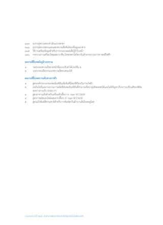 รายงานประจำ�ปี ๒๕๕๘ สำ�นักงานพัฒนาวิทยาศาสตร์และเทคโนโลยีแห่งชาติ
๑๑๓	 อุปกรณ์ตรวจสอบท่าเดินแบบพกพา
๑๑๔	 อุปกรณ์ตรวจสอบและแสดงความสัมพันธ์ของข้อมูลเอกสาร
๑๑๕	 วิธีการเตรียมข้อมูลส�ำหรับการประมวลผลเพื่อรู้จ�ำใบหน้า
๑๑๖	 กระบวนการเตรียมวัสดุผสมกราฟีน-โลหะพทาโลไซยานินด้วยกระบวนการทางเคมีไฟฟ้า
ผลงานที่ยื่นจดผังภูมิวงจรรวม
๑	 วงจรกรองความถี่หลายหน้าที่แบบปรับค่าได้เวอร์ชั่น ๒
๒	 วงจรกรองเลือกประเภทความถี่ตอบสนองได้
ผลงานที่ยื่นจดความลับทางการค้า
๑	 สูตรองค์ประกอบของพอลิเอทิลีนเข้มข้นที่มีสมบัติป้องกันการเกิดฝ้า
๒	 เทคโนโลยีและกระบวนการผลิตฟิล์มพอลิเอทิลีนที่สามารถยืดอายุผลิตผลสดได้และไม่มีปัญหาเรื่องการเปลี่ยนสีของฟิล์ม
	 ระหว่างการเก็บ (EMA-1*)
๓	 สูตรอาหารแข็งส�ำหรับเตรียมหัวเชื้อรา A. niger BCC5639
๔	 สูตรการผลิตเอนไซม์ผสมจากเชื้อรา A. niger BCC5639
๕	 สูตรแป้งพิมพ์สีธรรมชาติส�ำหรับการพิมพ์สกรีนผ้าจากเส้นใยเซลลูโลส
 