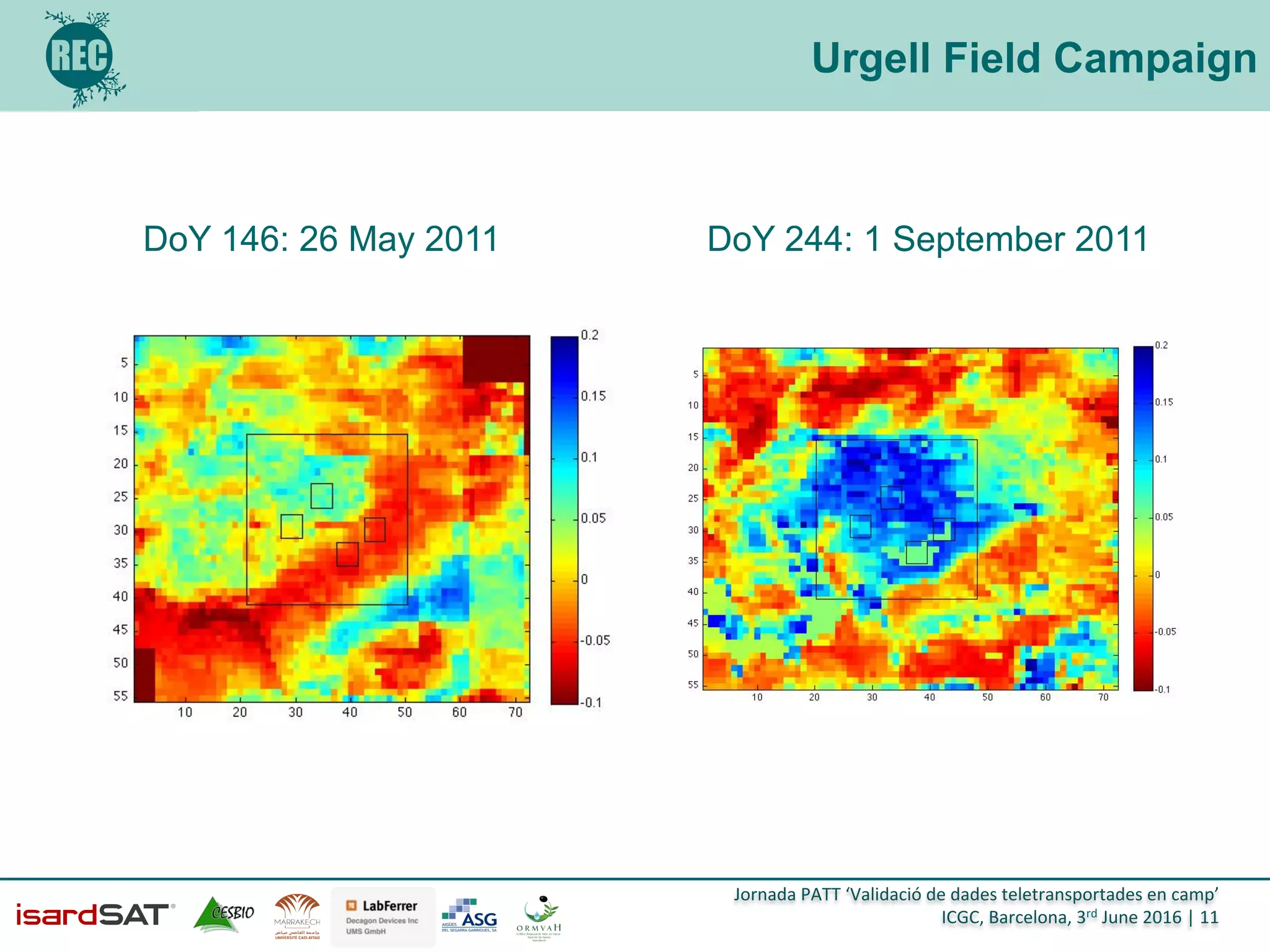 Jornada	
  PATT	
  ‘Validació	
  de	
  dades	
  teletransportades	
  en	
  camp’	
  
ICGC,	
  Barcelona,	
  3rd	
  June	
  2016	
  |	
  11	
  
Urgell Field Campaign
DoY 146: 26 May 2011 DoY 244: 1 September 2011
 