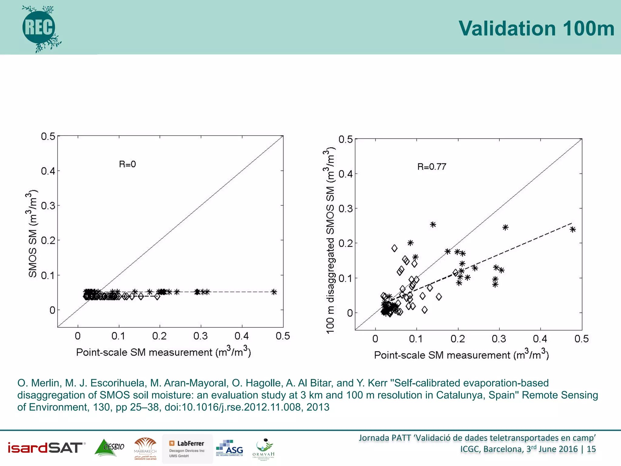 Jornada	
  PATT	
  ‘Validació	
  de	
  dades	
  teletransportades	
  en	
  camp’	
  
ICGC,	
  Barcelona,	
  3rd	
  June	
  2016	
  |	
  15	
  
Validation 100m
O. Merlin, M. J. Escorihuela, M. Aran-Mayoral, O. Hagolle, A. Al Bitar, and Y. Kerr ''Self-calibrated evaporation-based
disaggregation of SMOS soil moisture: an evaluation study at 3 km and 100 m resolution in Catalunya, Spain'' Remote Sensing
of Environment, 130, pp 25–38, doi:10.1016/j.rse.2012.11.008, 2013
 
