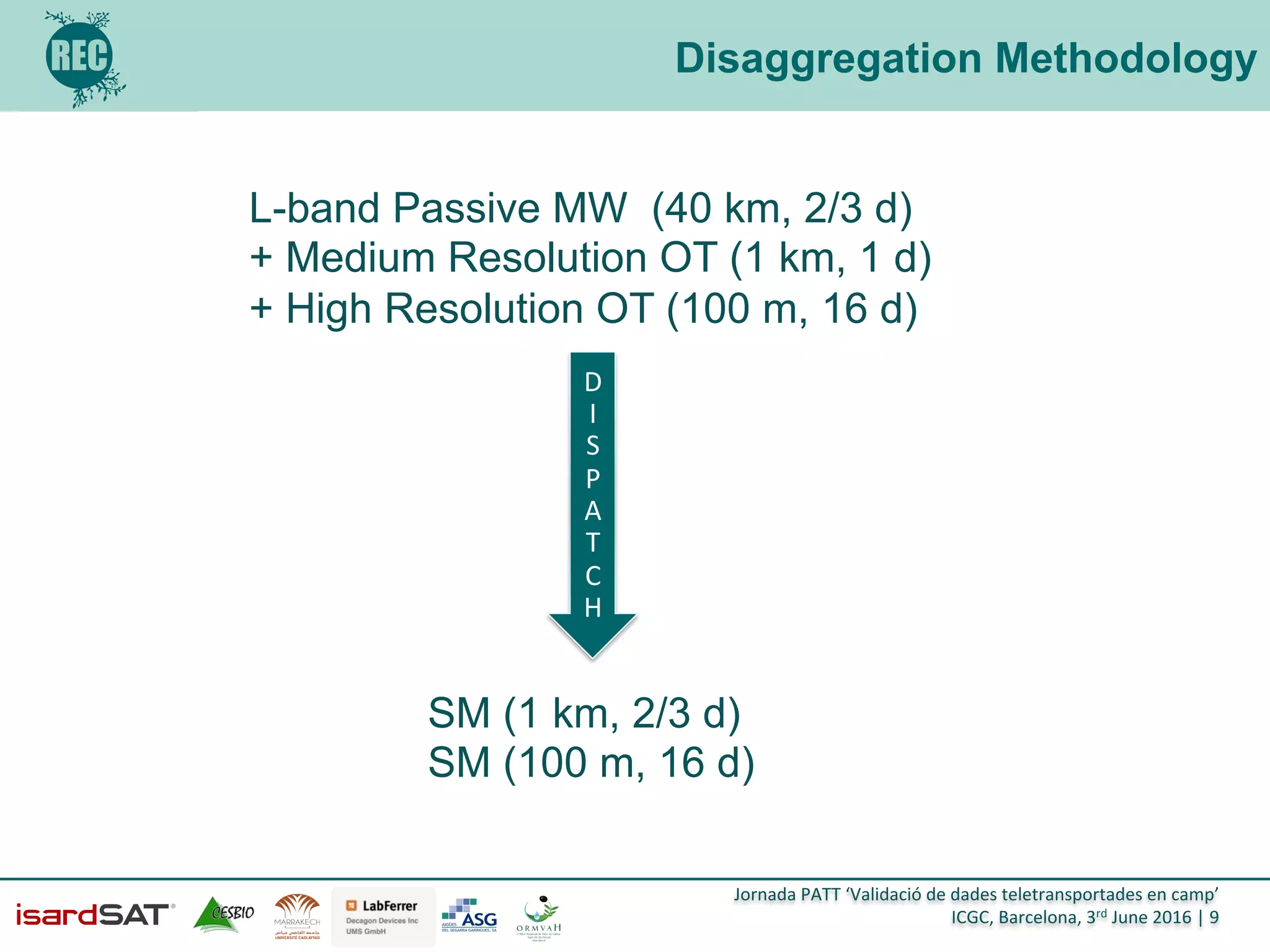 Jornada	
  PATT	
  ‘Validació	
  de	
  dades	
  teletransportades	
  en	
  camp’	
  
ICGC,	
  Barcelona,	
  3rd	
  June	
  2016	
  |	
  9	
  
Disaggregation Methodology
20	
  cm	
  
0	
  -­‐	
  5	
  cm	
  
L-band Passive MW (40 km, 2/3 d)
+ Medium Resolution OT (1 km, 1 d)
+ High Resolution OT (100 m, 16 d)
SM (1 km, 2/3 d)
SM (100 m, 16 d)
D
I	
  
S
P
A
T
C
H	
  
 