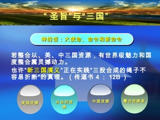 神的话：大使命、命令和新命令神的话：大使命、命令和新命令神的话：大使命、命令和新命令神的话：大使命、命令和新命令
美国资源美国资源 整合资源者整合资源者以色列资以色列资
源源
中国资源中国资源
若整合以、美、中三国资源，有世界级魅力和国
度整合属灵撼动力。
也许“新三国演义新三国演义”正在实践“三股合成的绳子不
容易折断”的真理。（传道书 4 ： 12B ）
“ 圣旨”与“三国”
 