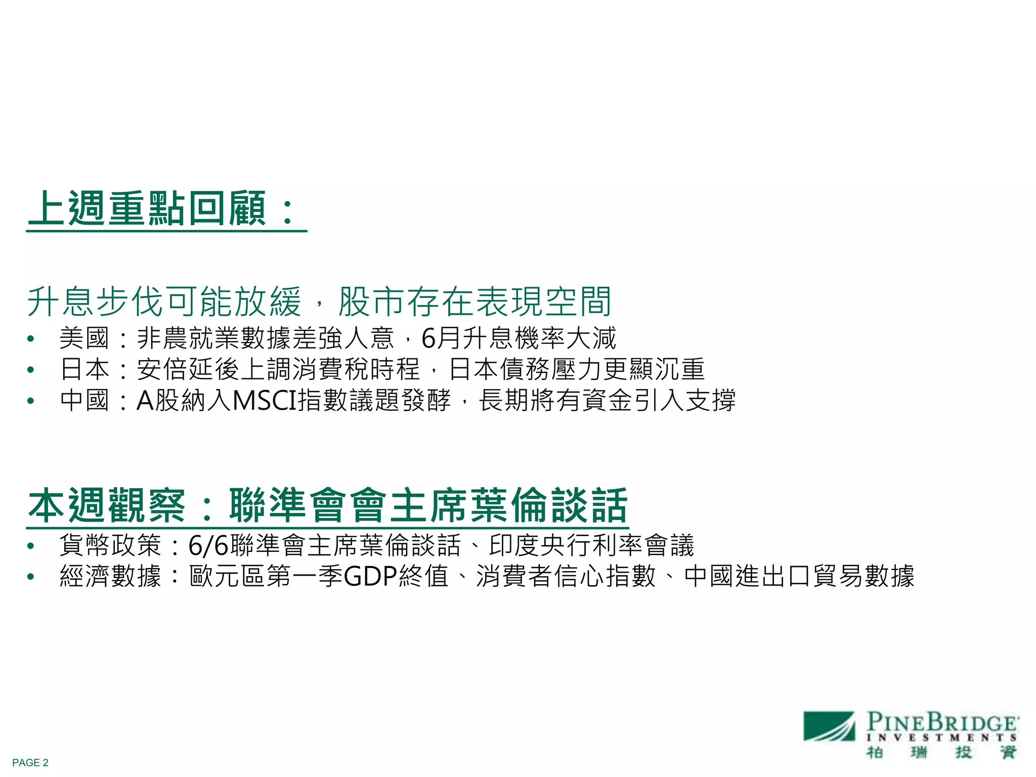 PAGE 2
上週重點回顧：
升息步伐可能放緩，股市存在表現空間
• 美國：非農就業數據差強人意，6月升息機率大減
• 日本：安倍延後上調消費稅時程，日本債務壓力更顯沉重
• 中國：A股納入MSCI指數議題發酵，長期將有資金引入支撐
本週觀察：聯準會會主席葉倫談話
• 貨幣政策：6/6聯準會主席葉倫談話、印度央行利率會議
• 經濟數據：歐元區第一季GDP終值、消費者信心指數、中國進出口貿易數據
 