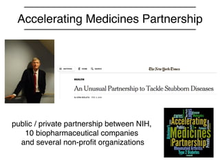 public / private partnership between NIH,
10 biopharmaceutical companies
and several non-proﬁt organizations
Accelerating ...