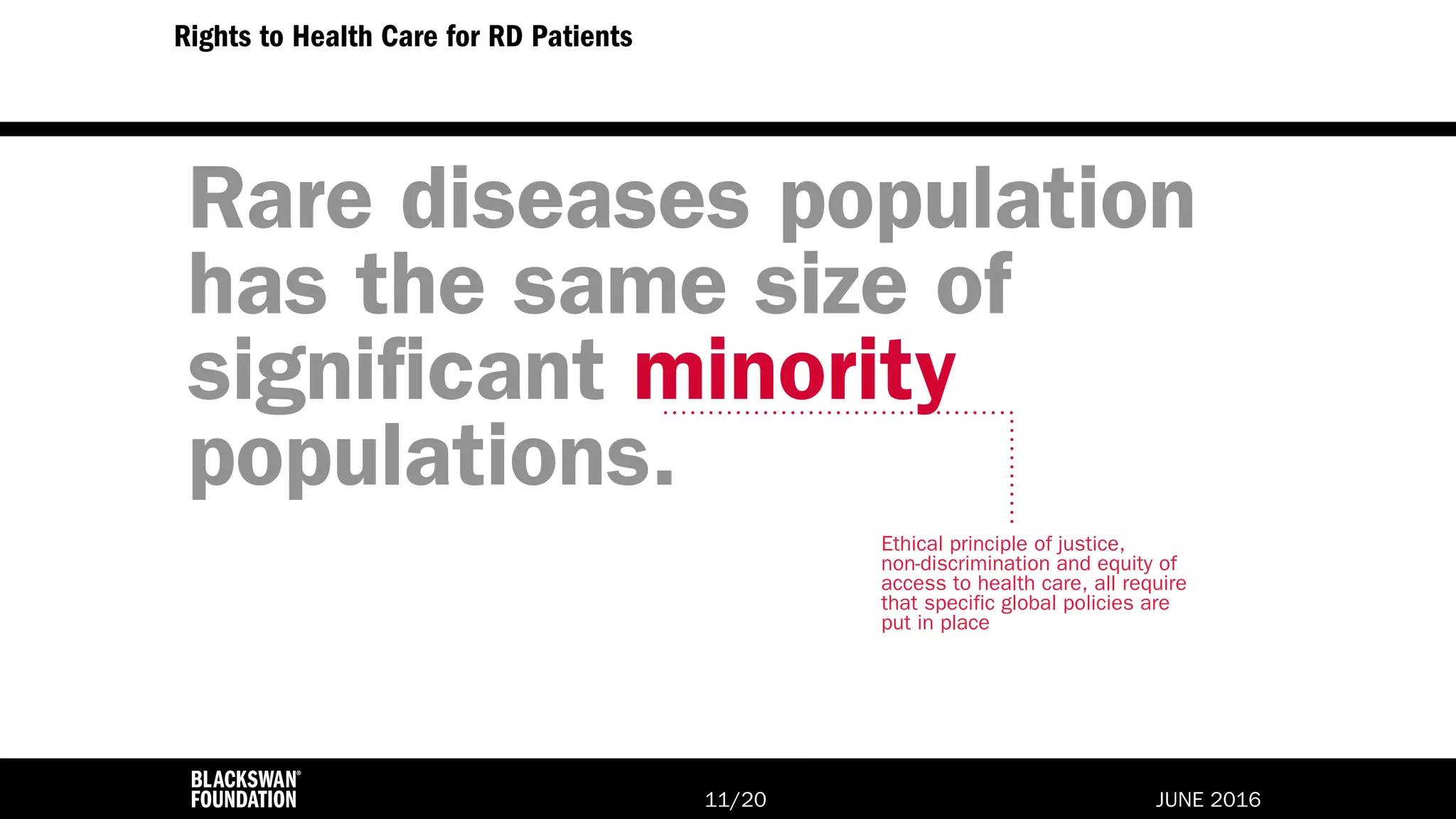 JUNE 2016/2011
Rights to Health Care for RD Patients
Ethical principle of justice,
non-discrimination and equity of
access to health care, all require
that specific global policies are
put in place
Rare diseases population
has the same size of
significant minority
populations.
 
