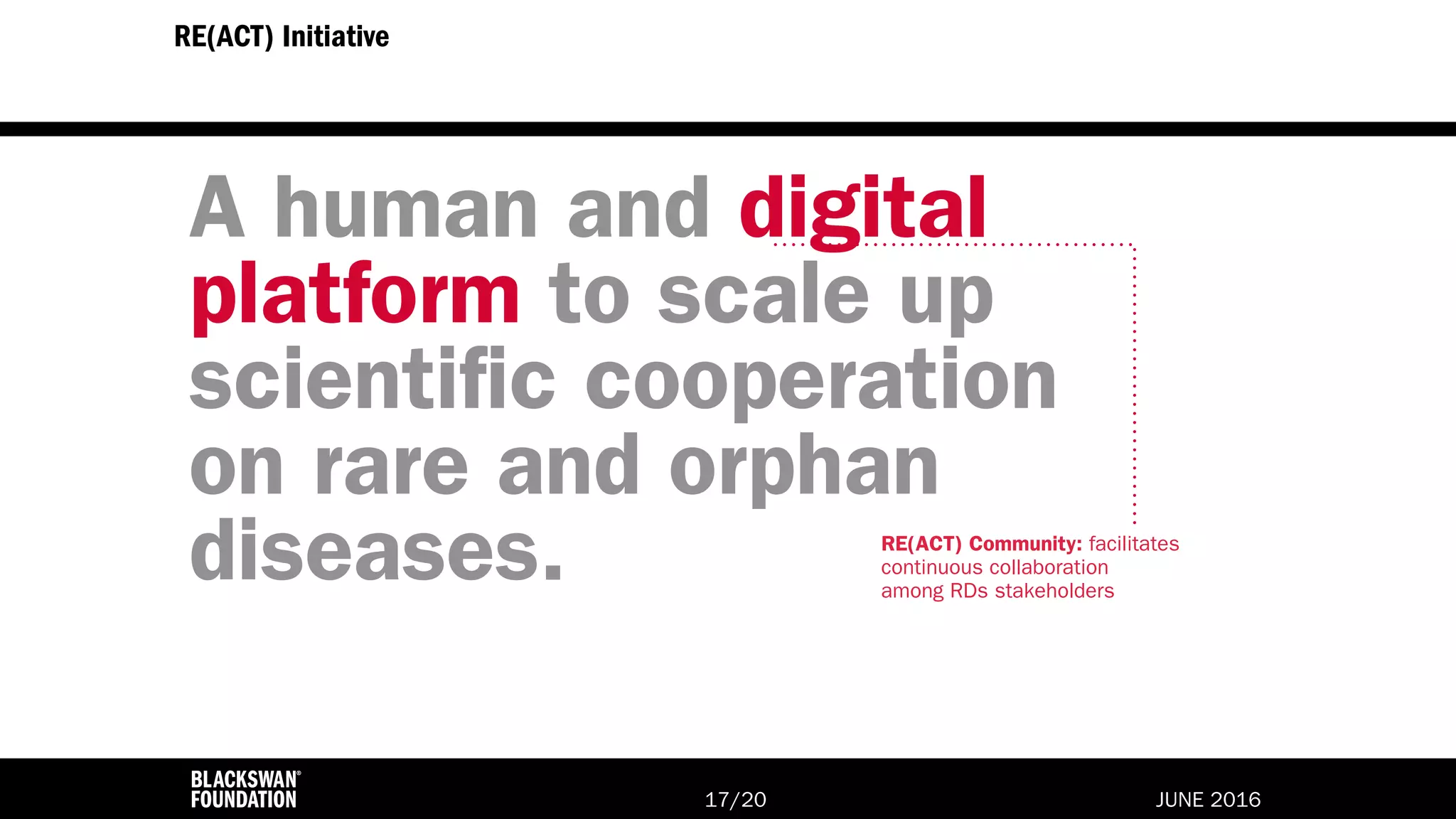 JUNE 2016/2017
A human and digital
platform to scale up
scientific cooperation
on rare and orphan
diseases.
RE(ACT) Initiative
RE(ACT) Community: facilitates
continuous collaboration
among RDs stakeholders
 