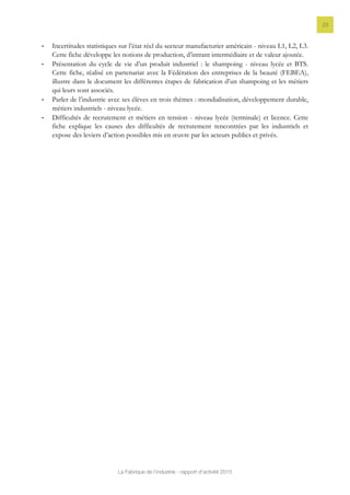 La Fabrique de l’industrie - rapport d’activité 2015
23
- Incertitudes statistiques sur l’état réel du secteur manufacturier américain - niveau L1, L2, L3.
Cette fiche développe les notions de production, d’intrant intermédiaire et de valeur ajoutée.
- Présentation du cycle de vie d’un produit industriel : le shampoing - niveau lycée et BTS.
Cette fiche, réalisé en partenariat avec la Fédération des entreprises de la beauté (FEBEA),
illustre dans le document les différentes étapes de fabrication d’un shampoing et les métiers
qui leurs sont associés.
- Parler de l’industrie avec ses élèves en trois thèmes : mondialisation, développement durable,
métiers industriels - niveau lycée.
- Difficultés de recrutement et métiers en tension - niveau lycée (terminale) et licence. Cette
fiche explique les causes des difficultés de recrutement rencontrées par les industriels et
expose des leviers d’action possibles mis en œuvre par les acteurs publics et privés.
 