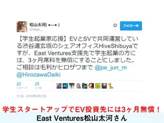 SKYLAND VENTURES
学生スタートアップでEV投資先には3ヶ月無償！
East Ventures松山太河さん
 