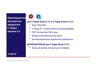 9
Преимущества
экспортных
продуктов
С-Терра
версии 4.1
Для С-Терра Шлюз Е 4.1 и С-Терра Клиент Е 4.1:
• IPsec VPN ГОСТ
• С-Терра ST – встроенный крипропровайдер
• ГОСТ-алгоритмы 2012 года
• Встроенный межсетевой экран
• Централизованное удаленное управление
ДОПОЛНИТЕЛЬНО для С-Терра Шлюз Е 4.1:
• Большой выбор аппаратных платформ
© 2003–2016 «С-Терра СиЭсПи»
 