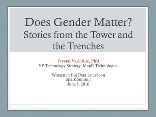 Does Gender Matter?
Stories from the Tower and
the Trenches
Crystal Valentine, PhD
VP Technology Strategy, MapR Technologies
Women in Big Data Luncheon
Spark Summit
June 8, 2016
 