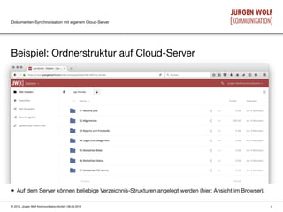 Dokumenten-Synchronisation mit eigenem Cloud-Server
Beispiel: Ordnerstruktur auf Cloud-Server
4© 2016, Jürgen Wolf Kommunikation GmbH | 08.06.2016
• Auf dem Server können beliebige Verzeichnis-Strukturen angelegt werden (hier: Ansicht im Browser).
 