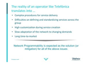 Company name
11
• Complex procedures for service delivery
• Difficulties on defining and standardizing services across the
group
• High customization during service creation
• Slow adaptation of the network to changing demands
• Long time-to-market
The reality of an operator like Telefónica
translates into …
Network Programmability is expected as the solution (or
mitigation) for all of the above issues
 