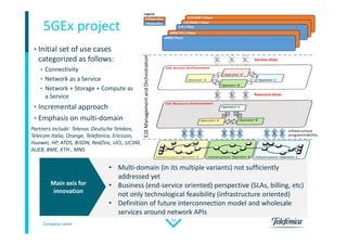 Company name
52
5GEx project
• Initial set of use cases
categorized as follows:
• Connectivity
• Network as a Service
• Network + Storage + Compute as
a Service
• Incremental approach
• Emphasis on multi-domain
Main axis for
innovation
Main axis for
innovation
• Multi-domain (in its multiple variants) not sufficiently
addressed yet
• Business (end-service oriented) perspective (SLAs, billing, etc)
not only technological feasibility (infrastructure oriented)
• Definition of future interconnection model and wholesale
services around network APIs
Partners include: Telenor, Deutsche Telekon,
Telecom Italia, Orange, Telefónica, Ericsson,
Huawei, HP, ATOS, BISDN, RedZinc, UCL, UC3M,
AUEB, BME, KTH , MNS
 