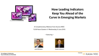 The Intelligence Collaborative
http://IntelCollab.com #IntelCollab
Powered by
How Leading Indicators
Keep You Ahead of the
Curve in Emerging Markets
A Complimentary Webinar from Aurora WDC
12:00 Noon Eastern /// Wednesday 8 June 2016
~ featuring ~
Joel Whitaker Derek Johnson
 