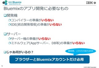 © 2016 IBM Corporation
15
IBM Bluemix
www.bluemix.net
Bluemixのアプリ開発に必要なもの
開発機
コンパイラーの準備がいらない
IDE(統合開発環境)の準備がいらない
サーバー
サーバー機の準備がいらない
ミドルウェア(Appサーバー、DB等)の準備がいらない
じゃあ何がいるの？
ブラウザーとBluemixアカウントだけ必用
最低限、これだけあればOK
 