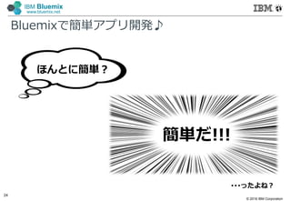 © 2016 IBM Corporation
24
IBM Bluemix
www.bluemix.net
Bluemixで簡単アプリ開発♪
ほんとに簡単？
簡単だ!!!
･･･ったよね？
 