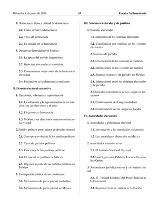 2. Democracia: tipos y calidad de democracia
2.1. Cómo definir la democracia
2.2. Tipos de democracia
2.3. La calidad de la democracia
3. Desarrollo democrático en México
3.1. La época del partido hegemónico
3.2. Reformas electorales y transición
3.3. Componentes importantes de la democracia
mexicana
3.4. Evaluación de la democracia mexicana
II. Derecho electoral sustantivo
1. Elecciones, soberanía y representación
1.1. La soberanía y la representación en su rela-
ción con las elecciones y el voto
1.2. Elecciones y democracia
1.3. México y sus elecciones: marco constitucio-
nal y legal
2. Partidos políticos como sujetos de derecho electoral
2.1. Concepto y evolución de los partidos políticos
2.2. Tipos de partidos políticos
2.3. Funciones de los partidos políticos
2.4. El sistema de partidos en México
2.5. Régimen vigente de los partidos políticos en
México
3. Participación política de los ciudadanos
3.1. Mecanismos de participación ciudadana
3.2. Mecanismos de participación en México
III. Sistemas electorales y de partidos
1. Sistemas electorales
1.1. Elementos de los sistemas electorales
1.2. Clasificación por familias de los sistemas
electorales
2. Sistemas de partidos
2.1. Clasificación de los sistemas de partidos
2.2. Interacciones en los sistemas de partidos
2.3. Sistema electoral y de partidos en México
2.4. Interacciones entre los sistemas electorales
y de partidos
3. Elementos constitutivos de los congresos me-
xicanos
3.1. Conformación del Congreso federal
3.2. Conformación de los congresos locales
IV. Autoridades electorales
1. Autoridades y gobernanza electoral
1.1. Introducción a las autoridades electorales
1.2. Las autoridades electorales en México
2. Autoridades administrativas
2.1. El Instituto Nacional Electoral
2.2. Los Organismos Públicos Locales Electora-
les (Oples)
3. Autoridades jurisdiccionales y en materia pe-
nal
3.1. El Tribunal Electoral del Poder Judicial de
la Federación
3.2. Suprema Corte de Justicia de la Nación
Miércoles 8 de junio de 2016 Gaceta Parlamentaria33
 