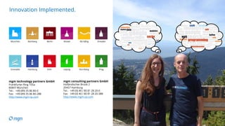 09.06.2016 14
Innovation Implemented.
mgm technology partners GmbH
Frankfurter Ring 105a
80807 München
Tel.: +49 (89) 35 86 80-0
Fax: +49 (89) 35 86 80-288
http://www.mgm-tp.com
Prag
München Berlin
Hamburg Köln NürnbergGrenoble Leipzig
DresdenBamberg Boswil Đà Nẵng
mgm consulting partners GmbH
Holländischer Brook 2
20457 Hamburg
Tel.: +49 (0) 40 / 80 81 28 20-0
Fax: +49 (0) 40 / 80 81 28 20-388
http://www.mgm-cp.com
 